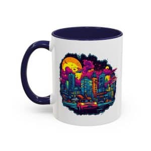 Vivid Cyberpunk Skyline Accent Mug: City in Chaos 11oz