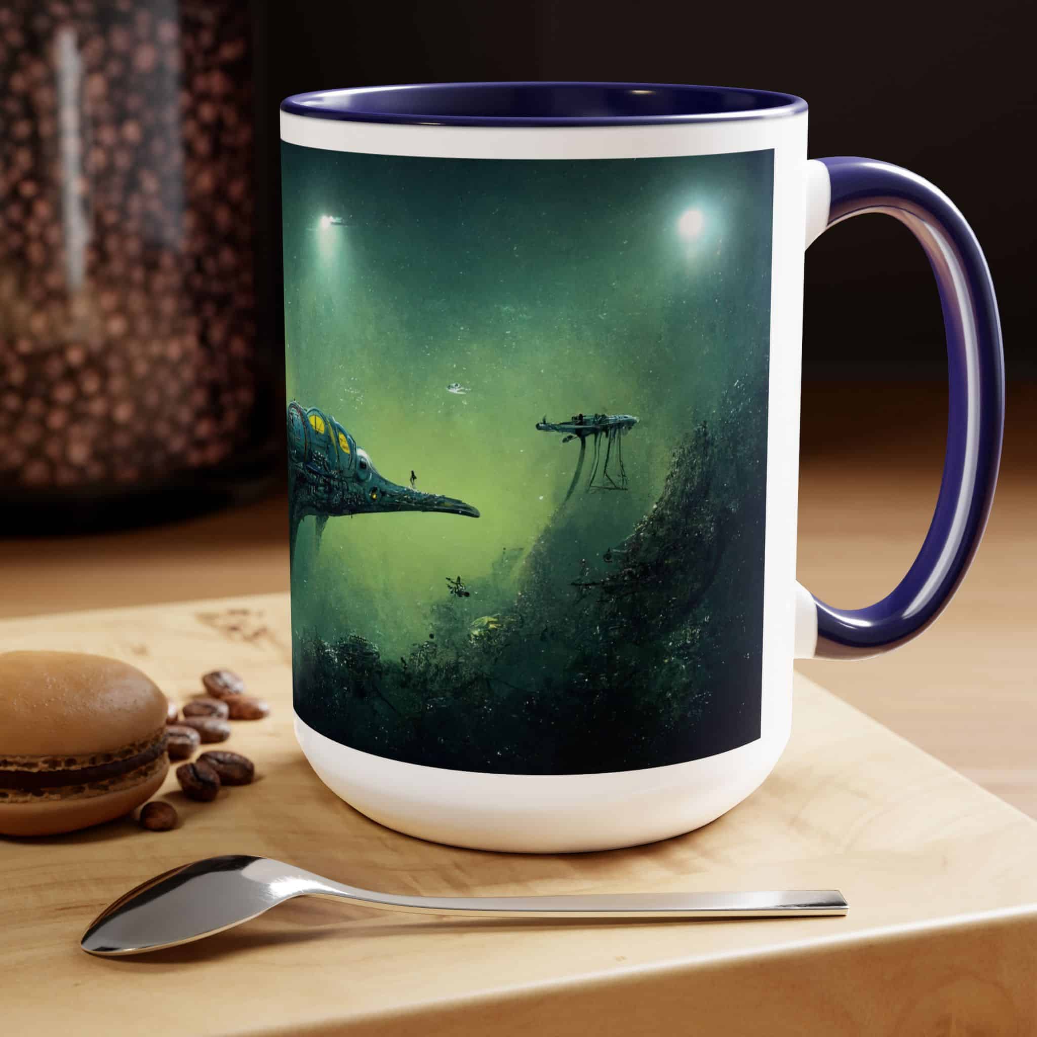 Undersea Spaceship Retro Sci Fi Two-Tone Coffee Mug, 15oz - Image 4