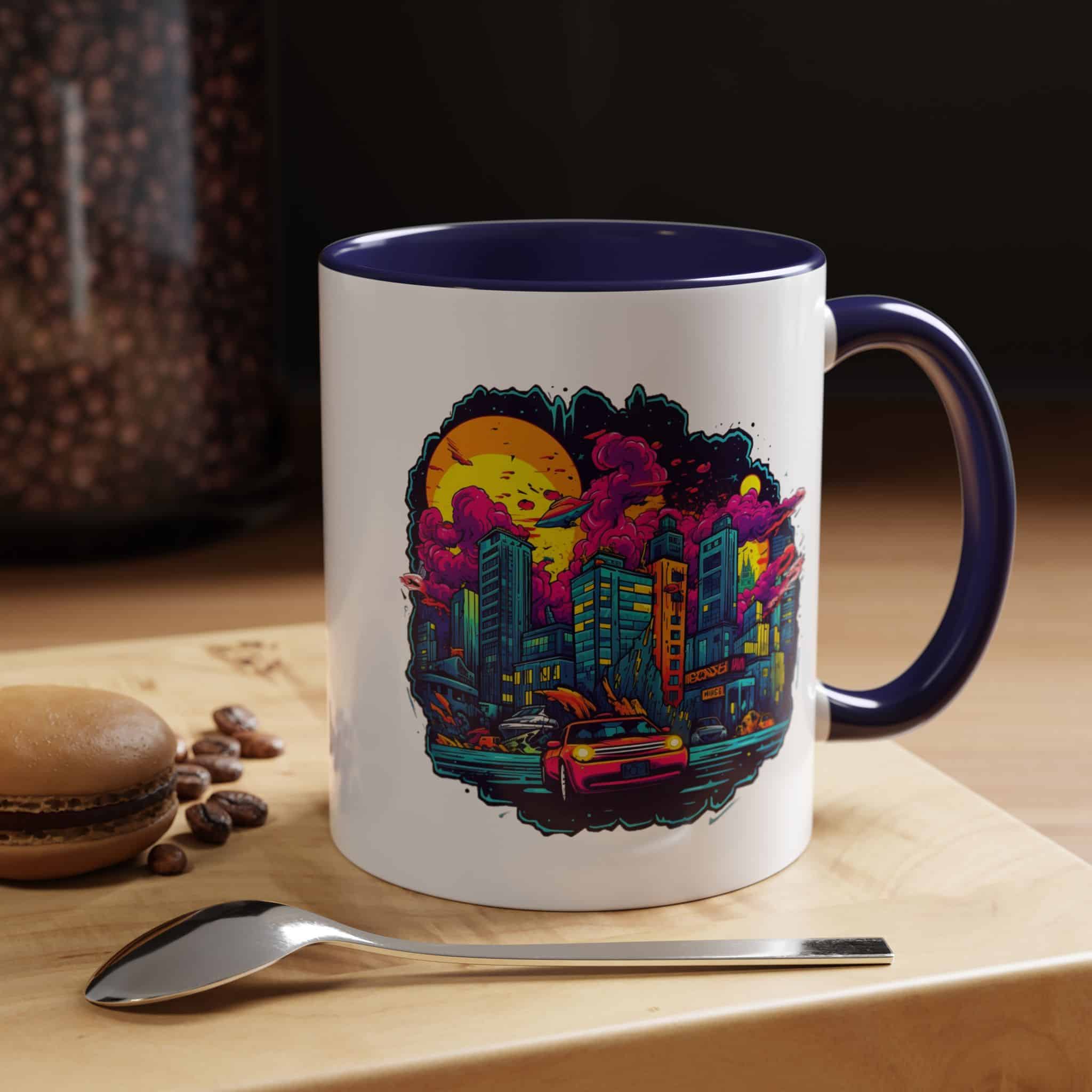 Vivid Cyberpunk Skyline Accent Mug: City in Chaos 11oz - Image 4