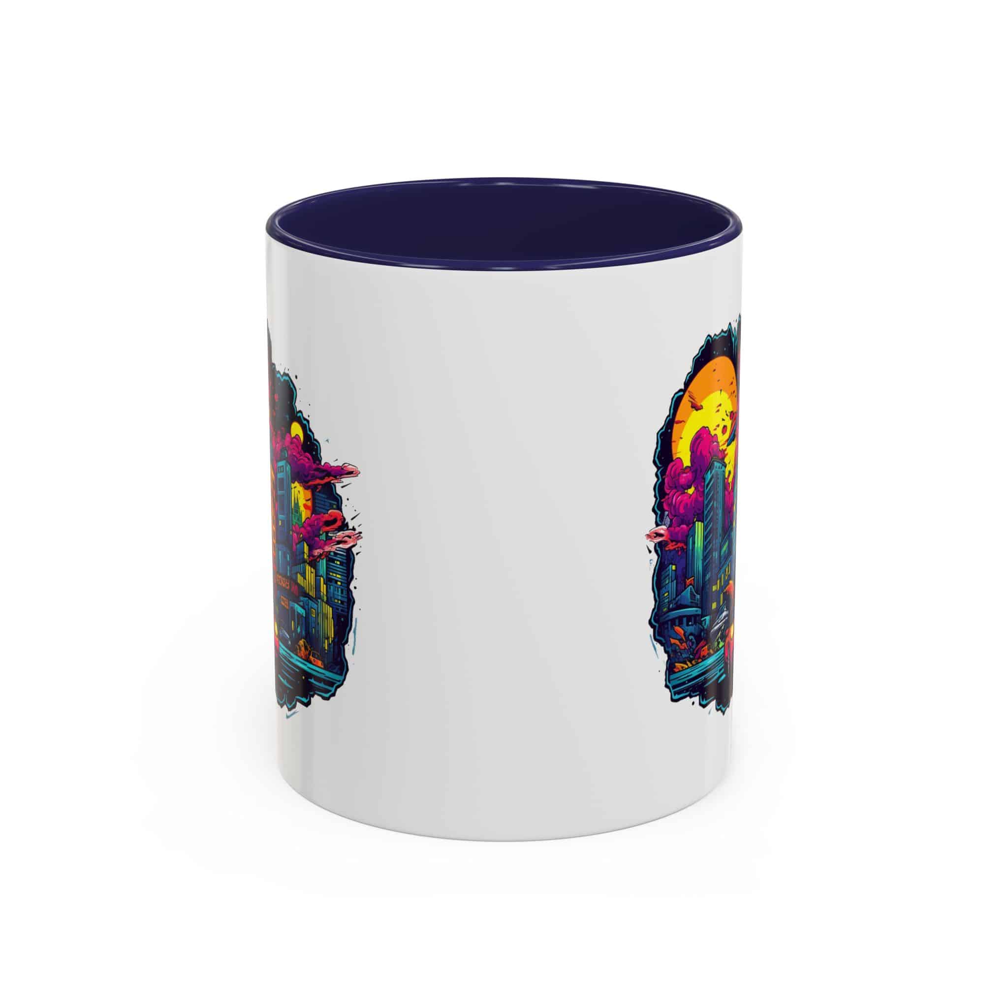 Vivid Cyberpunk Skyline Accent Mug: City in Chaos 11oz - Image 2